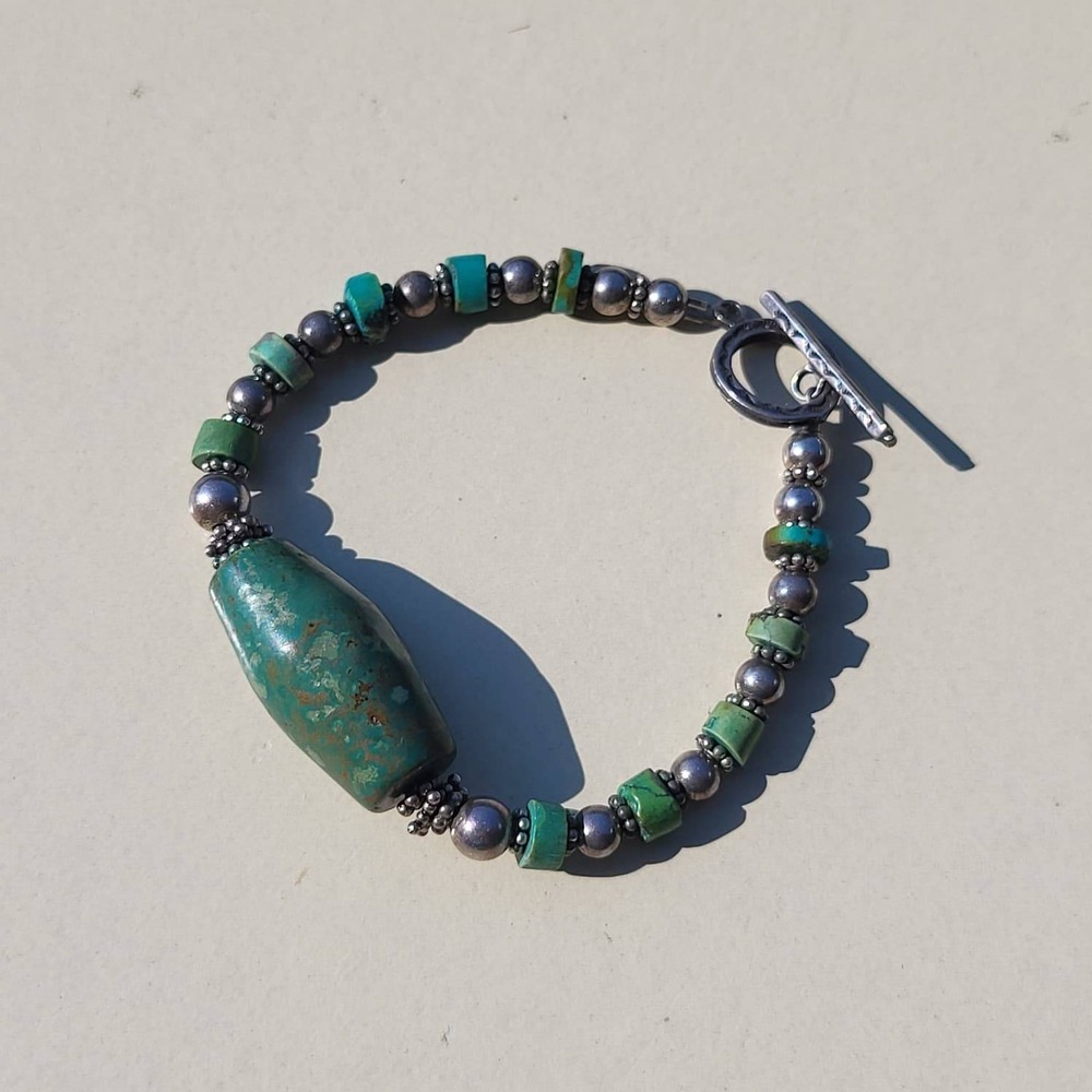 Vintage Genuine Turquoise Silver Bead Toggle Bracelet In Green Southwestern Boho